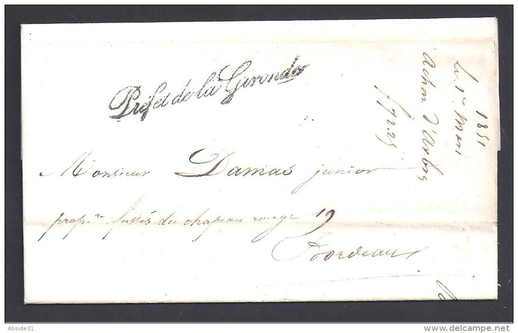 Gironde - Marque  Préfet De La Gironde  Sur Lettre En Franchise   De 1850 - 1849-1876: Classic Period