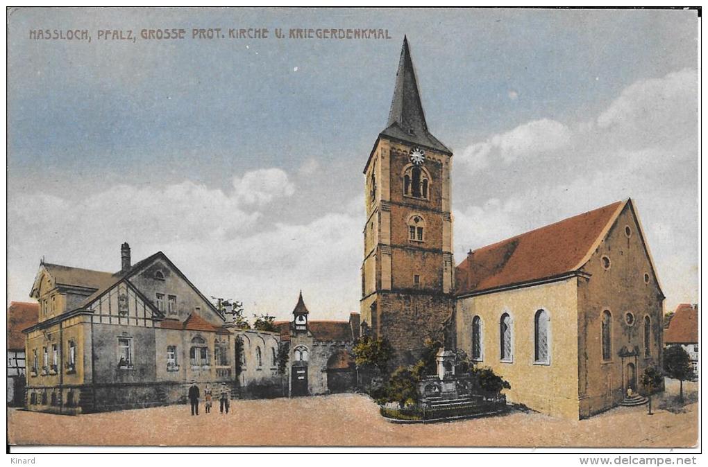 CPA .   HASSLOCH ..  PFALZ.  GRSSE PROT . KIRCHE  V. KRIEGERDENKMAL.. TBE.. - Hassloch