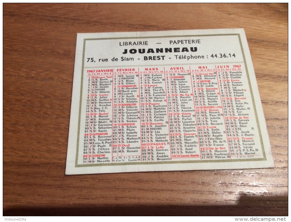 Calendrier 1967 "LIBRAIRIE JOUANNEAU BREST (29)" (7,7x9,2cm) - Petit Format : 1961-70