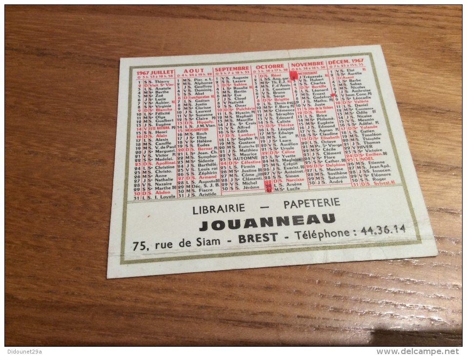 Calendrier 1967 "LIBRAIRIE JOUANNEAU BREST (29)" (7,7x9,2cm) - Kleinformat : 1961-70