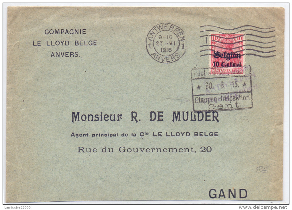 BELGIQUE LETTRE DE GAND GENT AVEC CACHET ETAPPEN INSPECTION - Covers & Documents