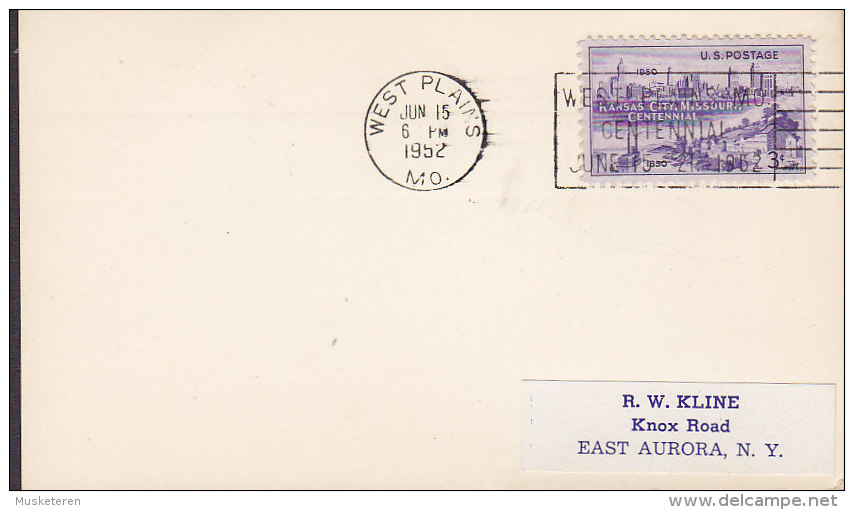 United States Slogan Flamme WEST PLAINS Mo. 1952 Card Carte Kansas City - Missouri Centennial Timbre - Other & Unclassified