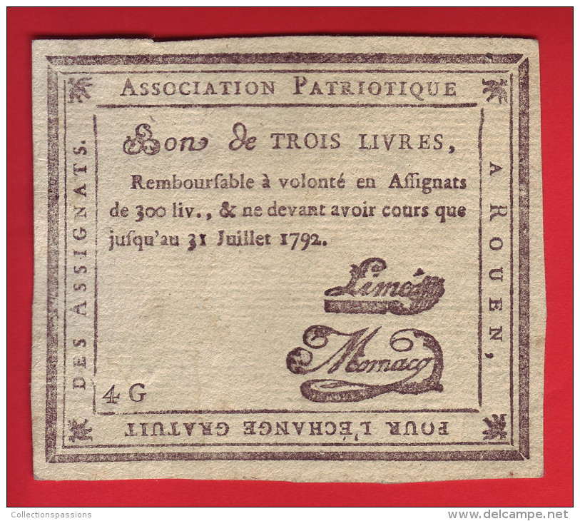 - ROUEN. Association Patriotique. Bon De Trois Livres - - Assignate