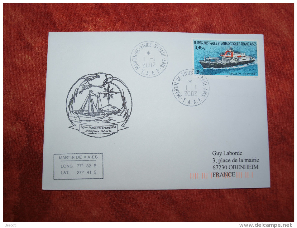 Crozet  1 1 2002 1er Jour Timbre Marion Dufresne Enveloppe Ayant Voyagé - Storia Postale