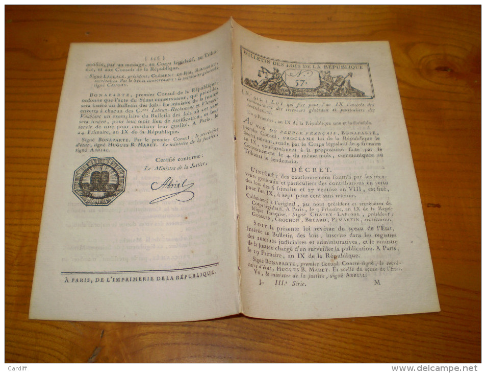 Lois An IX:Jugements Arbitraux Sur Les Forêts. Circonscription 16° & 17° Divisions Militaires.Cautionnement Payeurs Géné - Décrets & Lois