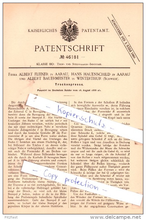 Original Patent  -  Firma A. Fleiner Und H. Hauenschild In Aarau Und A. Bauermeister In Winterthur !!! - Documents Historiques