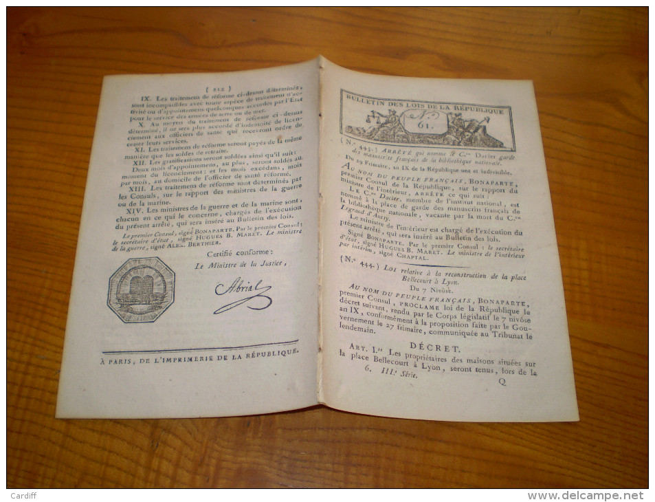 Lois An IX:Reconstruction Place Bellecourt à Lyon.Colonies,salaires Employés De Marine.Officiers De Santé,traitement Réf - Décrets & Lois