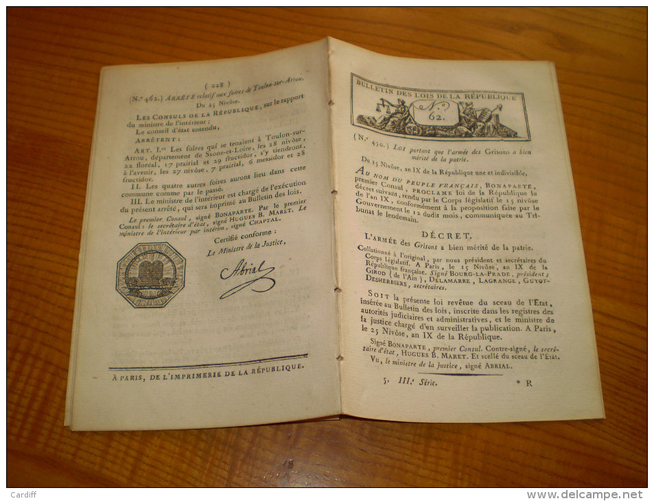 An IX:Armée Grisons,Italie,Gallo-Batave.Prisons,nourriture Des Détenus.Réparation Des Routes.Etablissements De Santé - Décrets & Lois