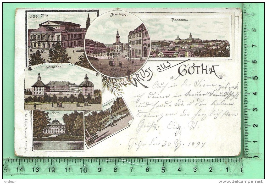 GOTHA: Gruss, Lithographie Multi-vues, Schloss, Orangerie, Hauptmarkt, Panorama, Museum, Theater - Gotha