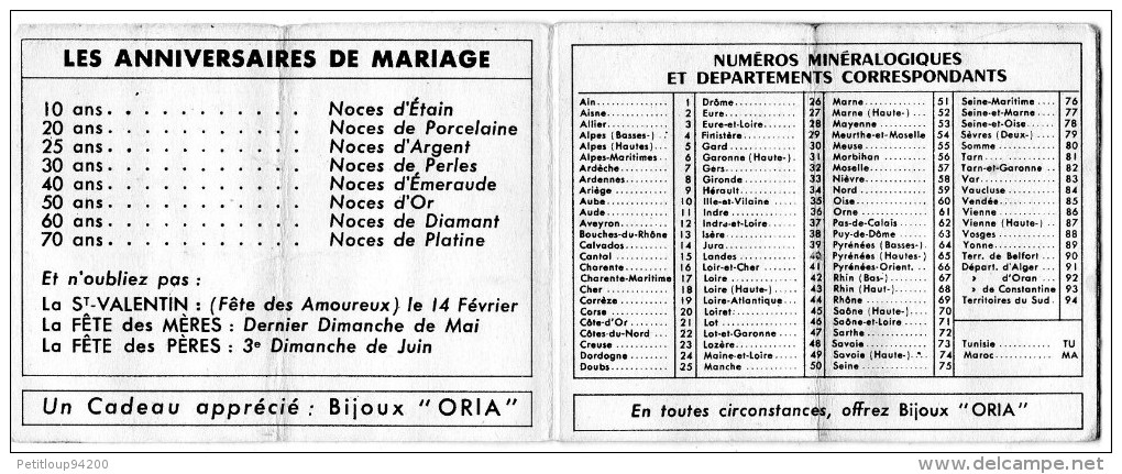 CALENDRIER 1961 BIJOUX ORIA La Maison Du Tabac  BIEVRES - Petit Format : 1961-70