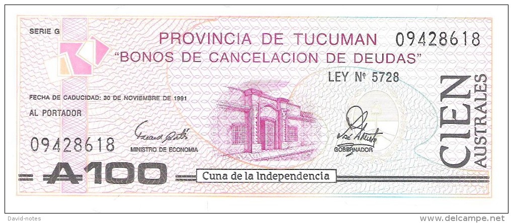 Argentina - Provincia De Tucuman - Pick S2715 - 100 Australes 1991 - Unc - Argentine