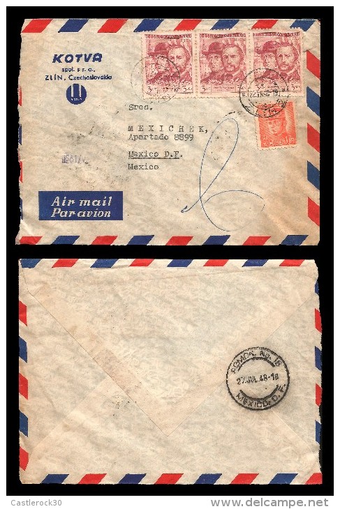 E)1948 CZHESCHOSLOVAKIA, FRANTISEK PALACKY,F.L. RIEGER , STRIP OF 3,  AIR MAIL, CIRCULATED COVER TO MEXICO, RARE DESTINA - Luchtpost