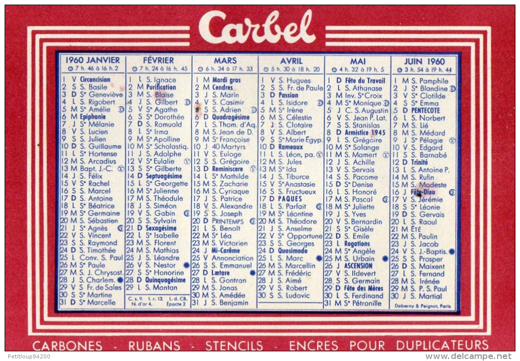 CALENDRIER DE BUREAU 1960 CARBEL *Carbones *Rubans *Stencils *Encres Pour Duplicateurs