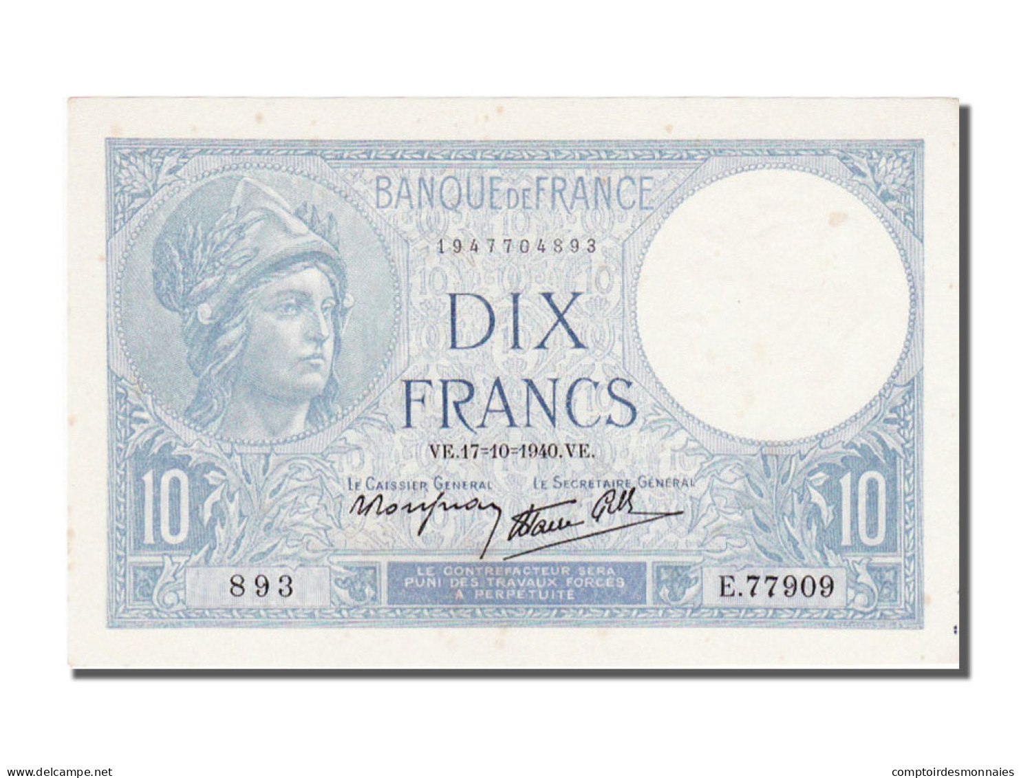 Billet, France, 10 Francs, 10 F 1916-1942 ''Minerve'', 1940, 1940-10-17, SPL - 10 F 1916-1942 ''Minerve''