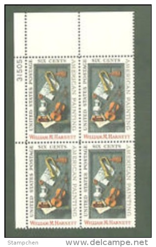 Plate Block -1969 USA William M. Harnett Stamp #1386 Painting Violin Trumpet Music Famous Porcelain - Números De Placas