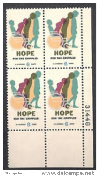 Plate Block -1969 USA Hope For The Crippled Stamp Sc#1385 Rehabilitation Wheelchair Disabled Child Boy Kid - Plate Blocks & Sheetlets