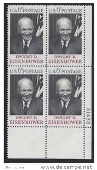 Plate Block -1969 USA Dwight D Eisenhower Stamp Sc#1383 Famous General 34th President Flag - Numéros De Planches