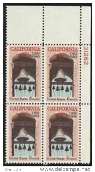 Plate Block -1969 USA California Settlement 200th Anniv. Stamp Sc#1373 Bell Carmel Mission Belfrey Gold - Plate Blocks & Sheetlets