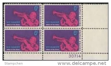 Plate Block -1969 USA W.C. Handy Stamp Sc#1372  Famous Father Of The Blues Jazz Trumpet Music - Plaatnummers