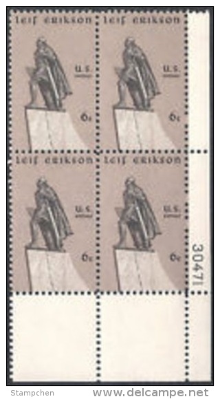 Plate Block -1968 USA Leif Erikson Stamp Sc#1359 Sculpture Sword Famous - Plate Blocks & Sheetlets