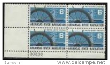 Plate Block -1968 USA Arkansas River Navigation Stamp Sc#1358 Ship Wheel Electricity Tower Barge - Plattennummern