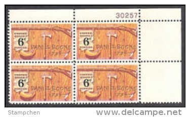 Plate Block -1968 USA American Folklore, Daniel Boone Stamp Sc#1357 Rifle Gun Horn Nife Tomahawk Famous - Plate Blocks & Sheetlets