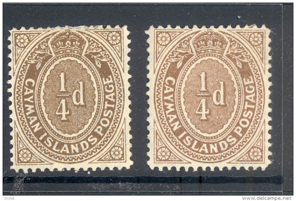 CAYMAN ISLANDS, 1908 &frac14;d Brown + 1908 &frac14;d Grey-brown Very Fine Mint Ligthly Hinged, Cat &pound;12 - Kaaiman Eilanden