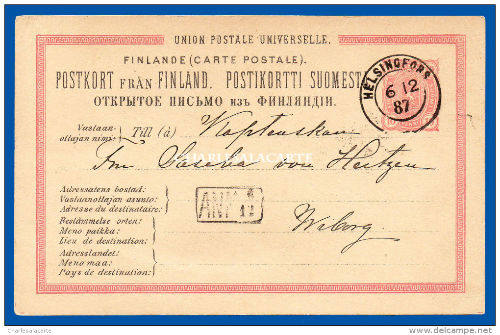 FINLAND 1887 PREPAID CARD 10 PENNI H & G 18 USED HELSINGFORS TO WIBORG ARRIVAL MARK VERY GOOD CONDITION - Entiers Postaux