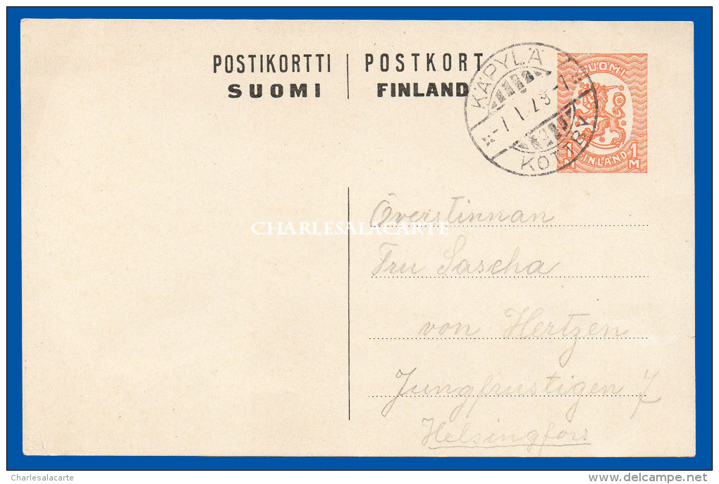 FINLAND 1926 PREPAID CARD 1 Mk. H & G 63 USED 1929 KAPYLA TO HELSINGFORS  EXCELLENT CONDITION - Entiers Postaux