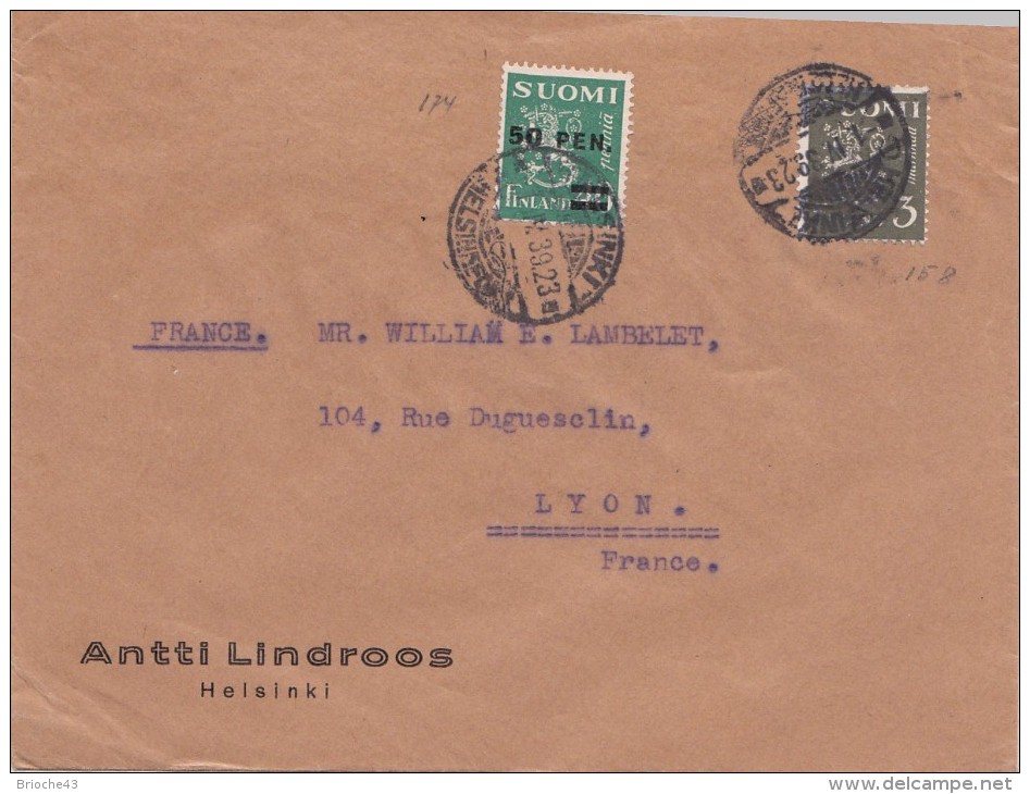 LETTRE FINLANDE COVER FINLAND 1939. HELSINKI - LYON FRANCE  /CLASSEUR FINLANDE 15 - Covers & Documents