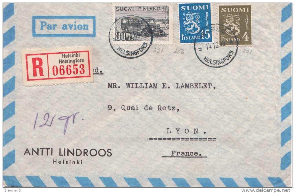 LETTRE FINLANDE COVER FINLAND 1949. RECOMMANDEE PAR AVION. HELSINKI - LYON FRANCE  /CLASSEUR FINLANDE 28 - Storia Postale