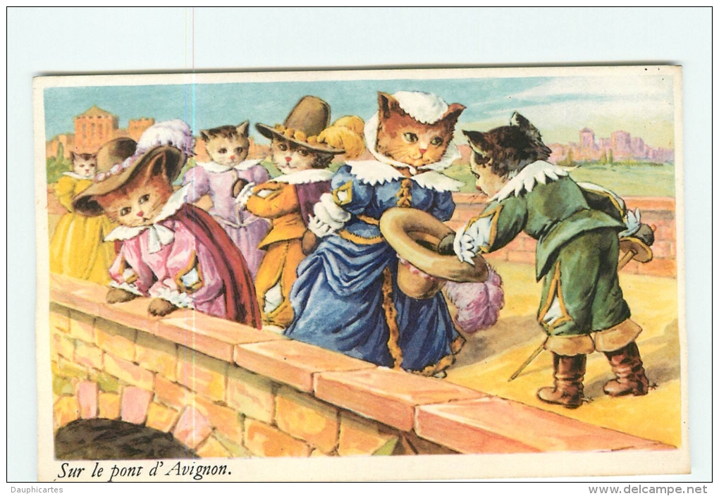 CHATS HUMANISES -  COMPTINE : Sur Le Pont D' Avignon, On Y Danse... - 2 Scans - Chats