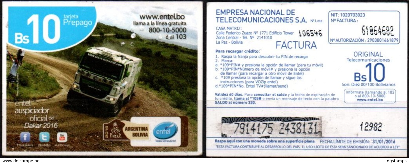 Bolivia 2015 - 31-01-2016  Prepago ENTEL. DAKAR 2016 Argentina - Bolivia. Camión En Carrera. - Sport