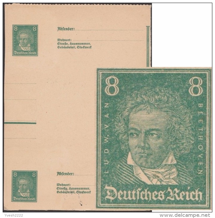 Allemagne 1927. Essai De Carte Postale, Entier D'usage Courant Dentelé. Deux-demi Cartes Se-tenant. Beethoven - Musique