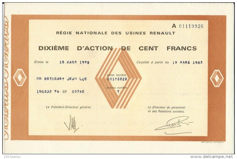 Dixième D'Action De 100 Frs Régie Nationale Des Usines Renault 1983 - Auto's