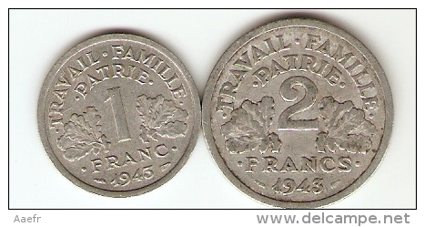 2 Monnaies France: 1, 2 Francs Type Bazor -  Anciens Francs - Vichy, Pétain - 1943, 1943 - Altri & Non Classificati