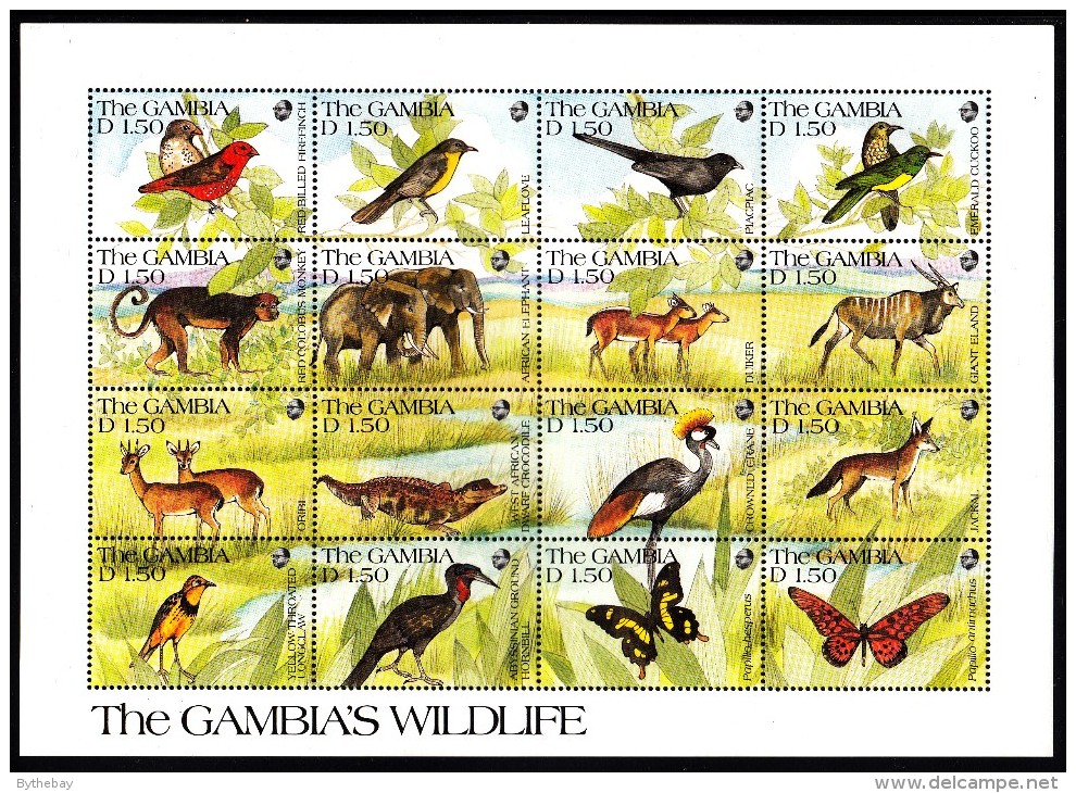 Gambia MNH Scott #1063 Sheet Of 16 1.50d Wildlife: Firefinch, Cuckoo, Monkey, Elephant, Oribi, Jackal, Butterflies - Gambie (1965-...)