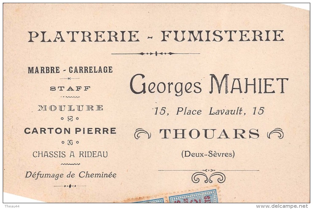 TOUARS - Carte De Visite, Platerie-Fumisterie "Georges MAHIET" 15 Place Lavault  - Timbres Fiscaux  -  Voir Description - Visiting Cards