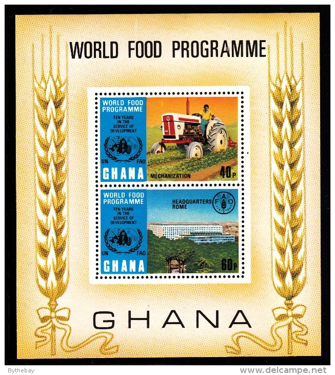 Ghana MNH Scott #494 Souvenir Sheet Of 2 World Food Programme 10th Anniversary: Tractor, Headquarters - Ghana (1957-...)