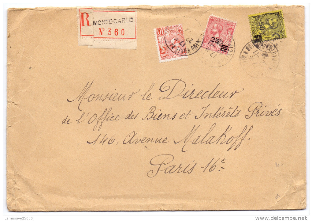 LETTRE RECOMMANDE DE MONTE CARLO A  POUR PARIS - Covers & Documents