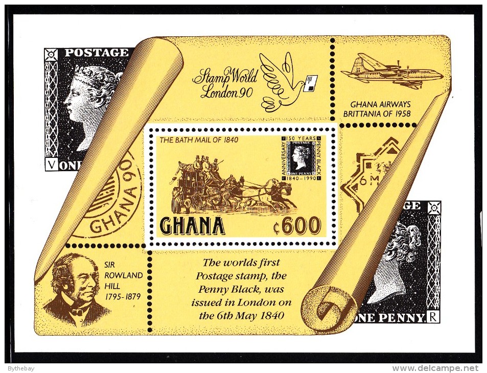 Ghana MNH Scott #1208 Souvenir Sheet 600ce The Bath Mail Coach - Penny Black 150th Anniversary - Ghana (1957-...)