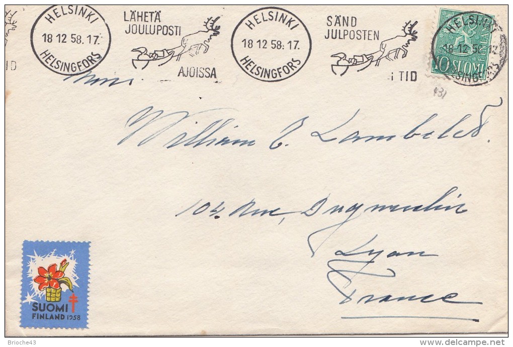 LETTRE FINLANDE  COVER FINLAND 1958.VIGNETTE.  HELSINKI- LYON FRANCE /CLASSEUR FINLANDE 43 - Lettres & Documents