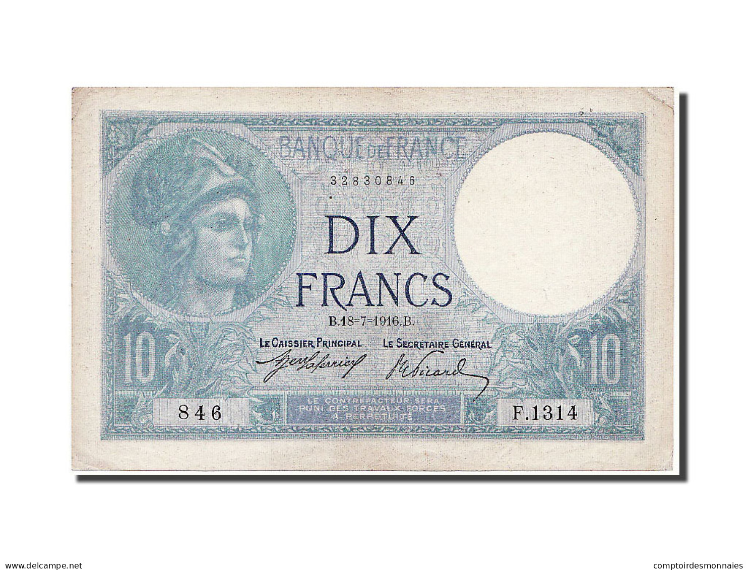 Billet, France, 10 Francs, 10 F 1916-1942 ''Minerve'', 1916, 1916-07-18, SUP - 10 F 1916-1942 ''Minerve''