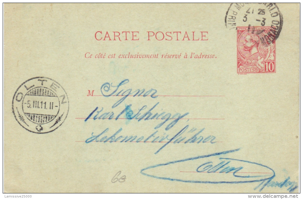 CARTE POSTALE  ENTIER OBL DE MONTE CARLO POUR LA SUISSE - Postal Stationery