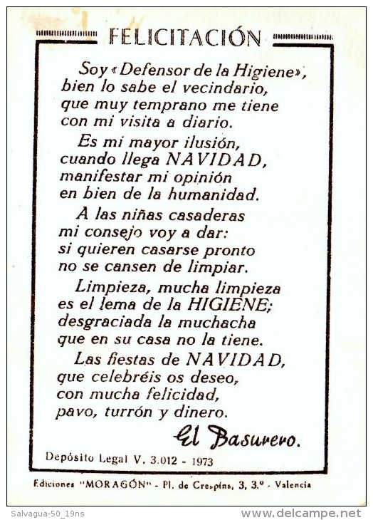 Tarjeta De Felicitación Navidades 1973 De  EL BASURERO - Cartes De Visite