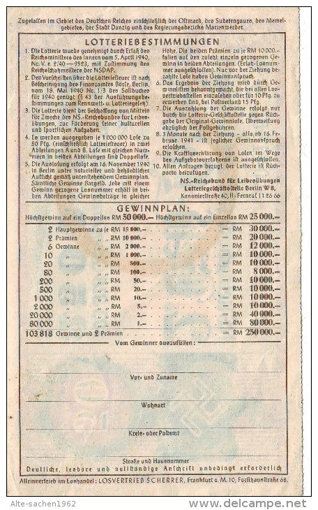 2. GELD-LOTTERIE - 1940 - REICHSBUND Für LEIBESÜBUNGEN - Lospreis 50 Pfennig - Lotterielose