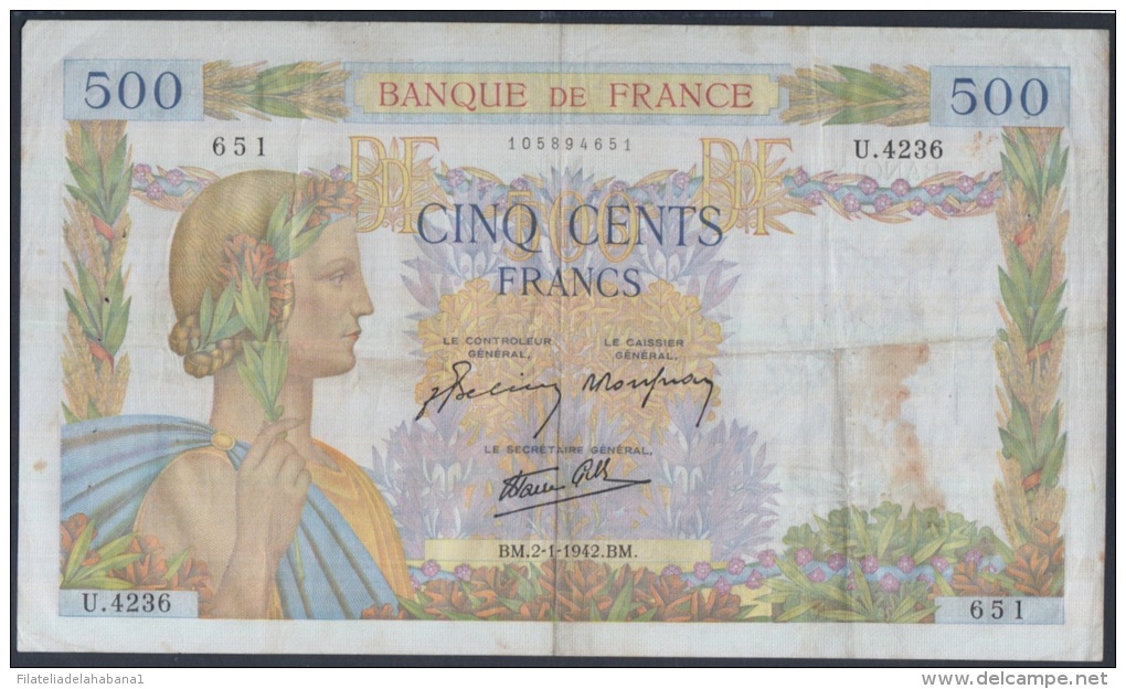 F-EX.1771 BANQUE DE FRANCE 500fr 1942. - 500 F 1940-1944 ''La Paix''