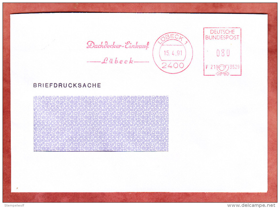 Briefdrucksache, Francotyp-Postalia F21-3529, Dachdecker-Einkauf Luebeck, 80 Pfg, 1991 (27846) - Maschinenstempel (EMA)