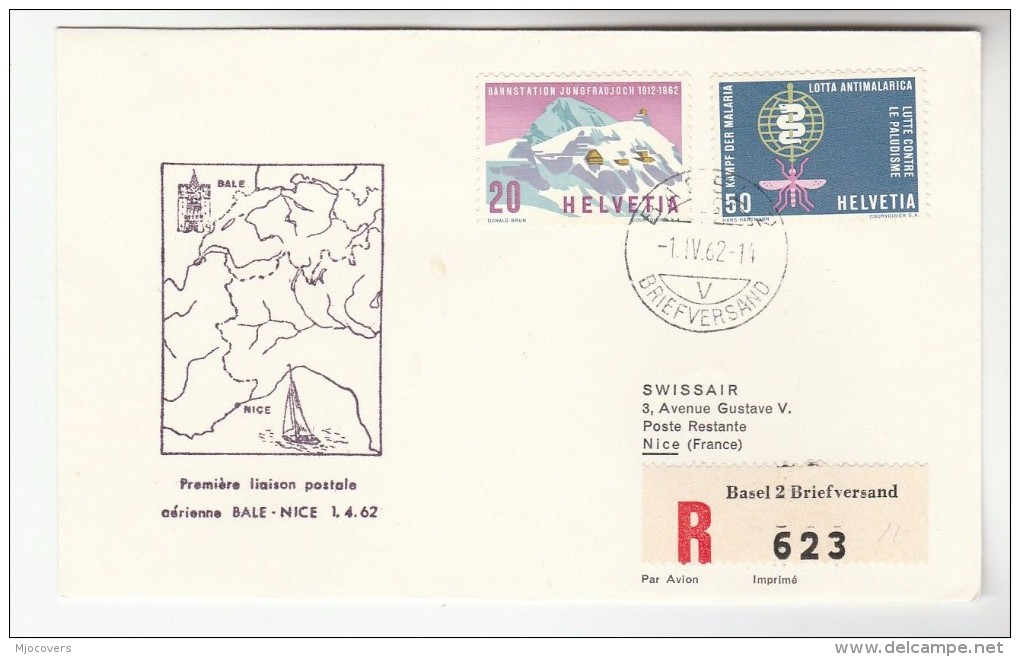 1962 SWITZERLAND FIRST FLIGHT COVER Basel To NICE FRANCE Aviation Malaria Insect Health Medicine Stamps - Covers & Documents