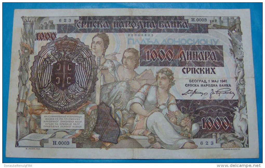 SERBIA - GERMANY 1000 DINARA 1941 PICK-24, VF+. SERIAL# N 0003 - 623. NO TEARS NO PINHOLS. - Serbien